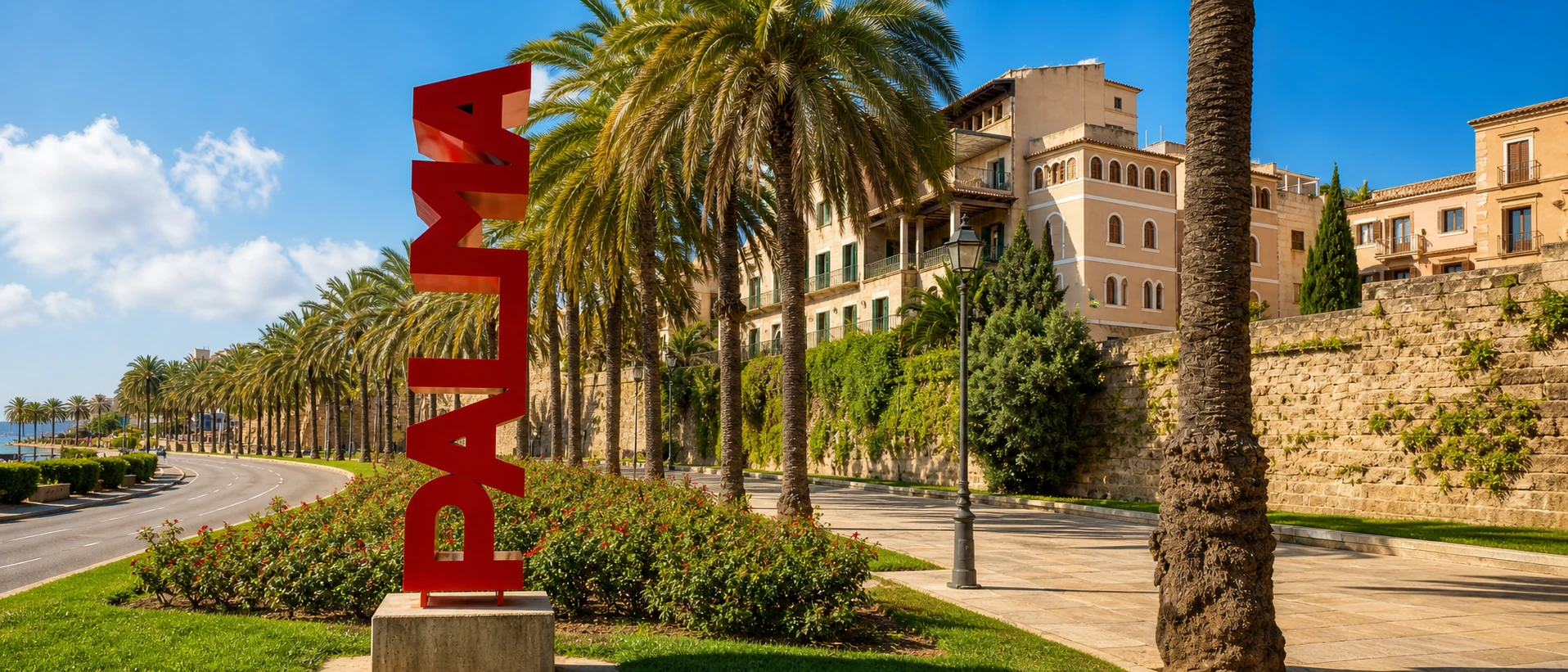 Escultura de letras rojas PALMA en el Paseo Marítimo de Palma, Avinguda de Gabriel Roca, zona del Moll de la Llotja Escultura PALMA en el Paseo Marítimo de Palma, zona del Moll de la Llotja